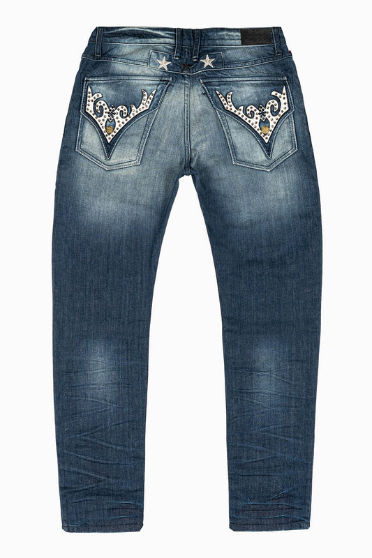 ROBINS RED LABEL SLIM JEANS  LONG  FLAP/ VINYL  EMBELLISHED WITH CRYSTALS  IN ALBANY DARK BROKEN