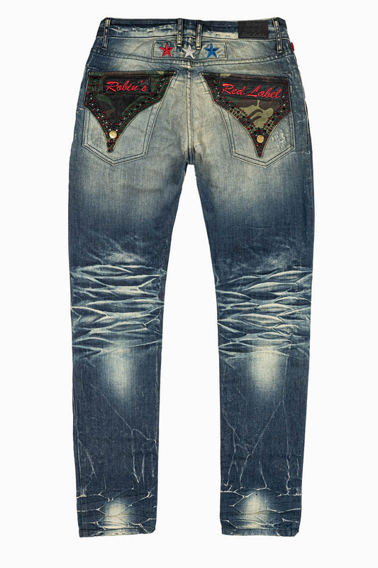 ROBINS RED LABEL LONG  FLAP/MILITARY  SLIM JEANS IN 5D DARK BROKEN WASH