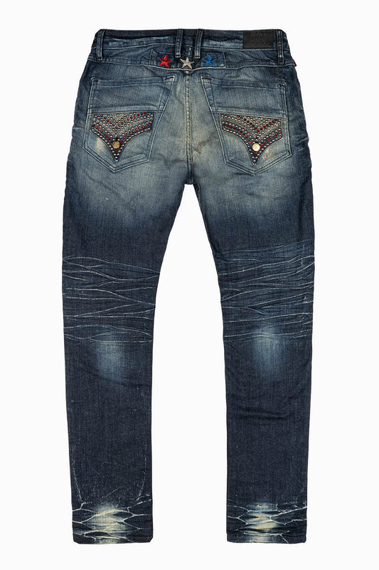 ROBINS RED LABEL LONG FLAP SLIM JEANS IN 5D DARK BROKEN WASH WITH RED & BLUE CRYSTALS AND NAILHEAD