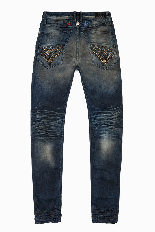 ROBINS RED LABEL LONG FLAP SLIM JEANS IN TAR WASH WASH WITH CRYSTAL AND NAILHEAD