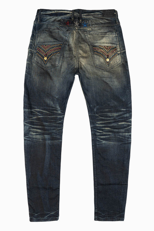 ROBINS RED LABEL LONG FLAP SLIM JEANS IN TAR WASH WASH WITH RED & BLUE CRYSTALS AND NAILHEAD