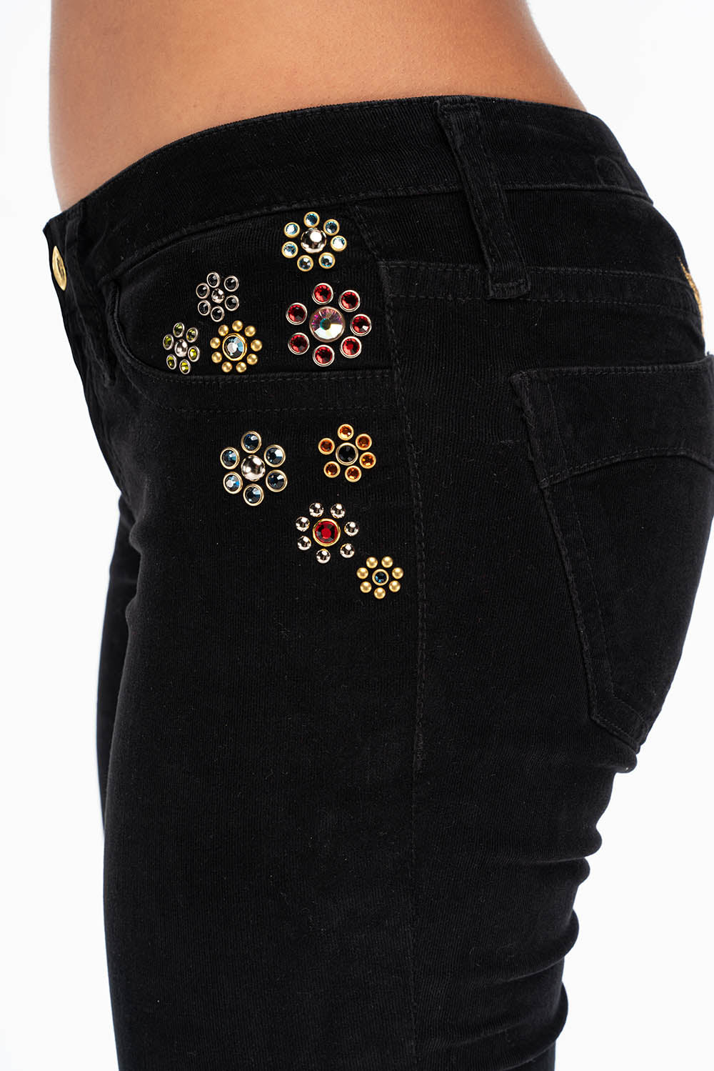 CRYSTAL FLOWER STRAIGHT LEG BABY CORDS IN BLACK