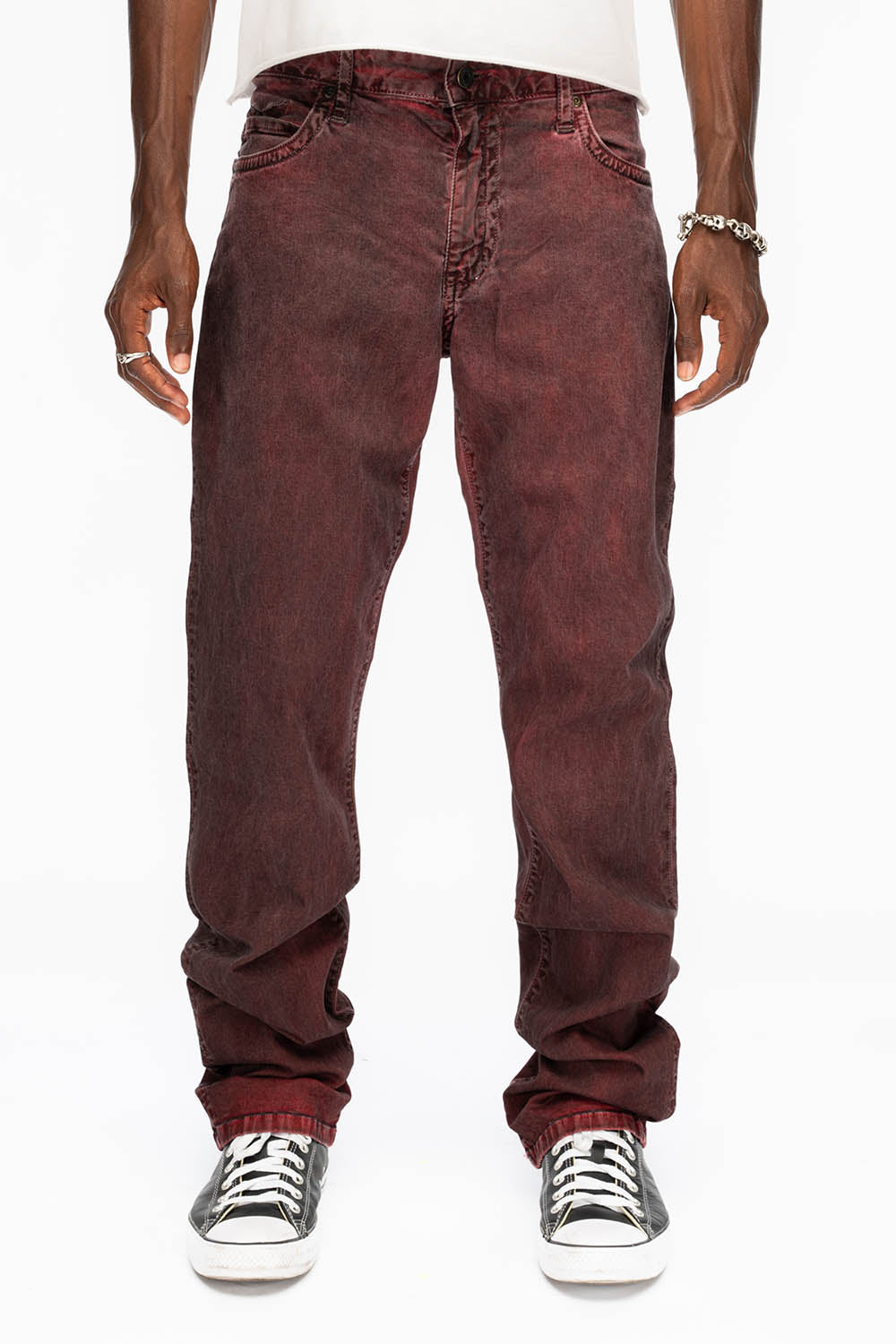 CLASSIC STRAIGHT LEG JEANS IN DARK RED WASH WITH STUDS AND CRYSTALS