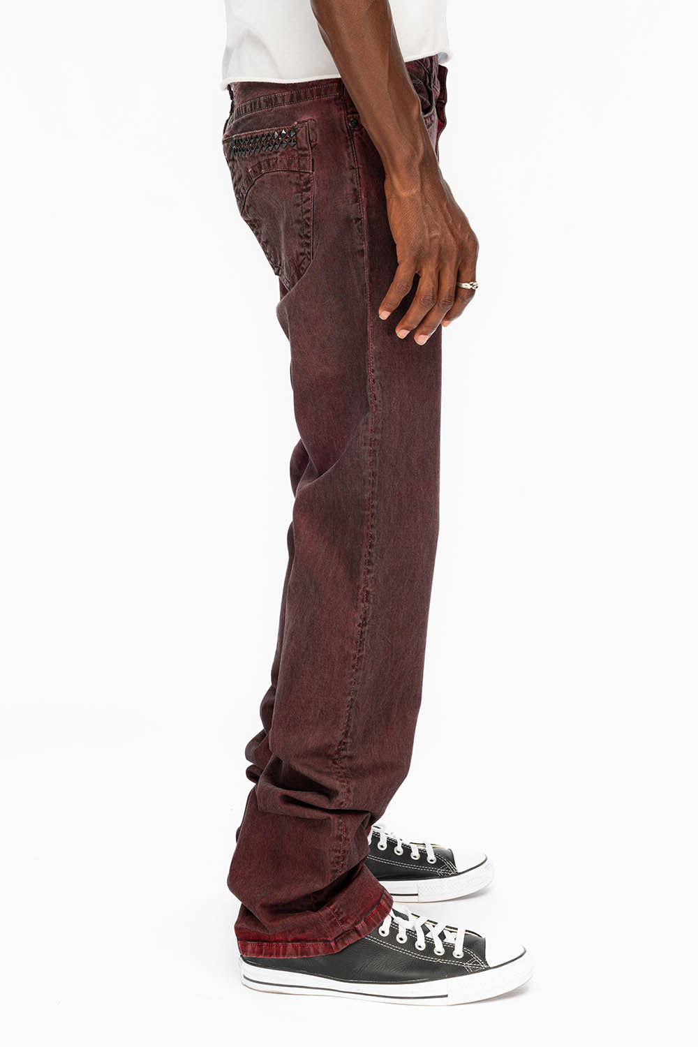 CLASSIC STRAIGHT LEG JEANS IN DARK RED WASH WITH STUDS AND CRYSTALS