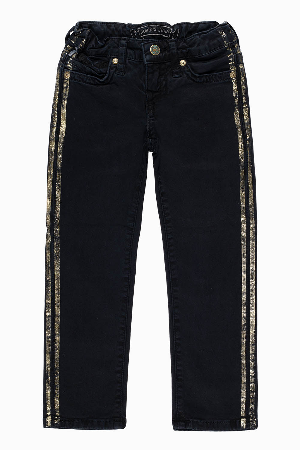 ROBINS KIDS LONG FLAP SLIM JEANS IN BLACK WITH COPPER GLITTER TUXIDO STRIPE