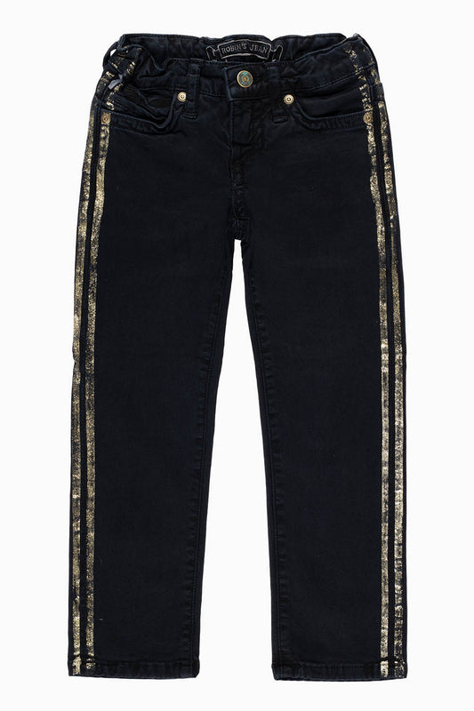 ROBINS KIDS LONG FLAP SLIM JEANS IN BLACK WITH COPPER GLITTER TUXIDO STRIPE