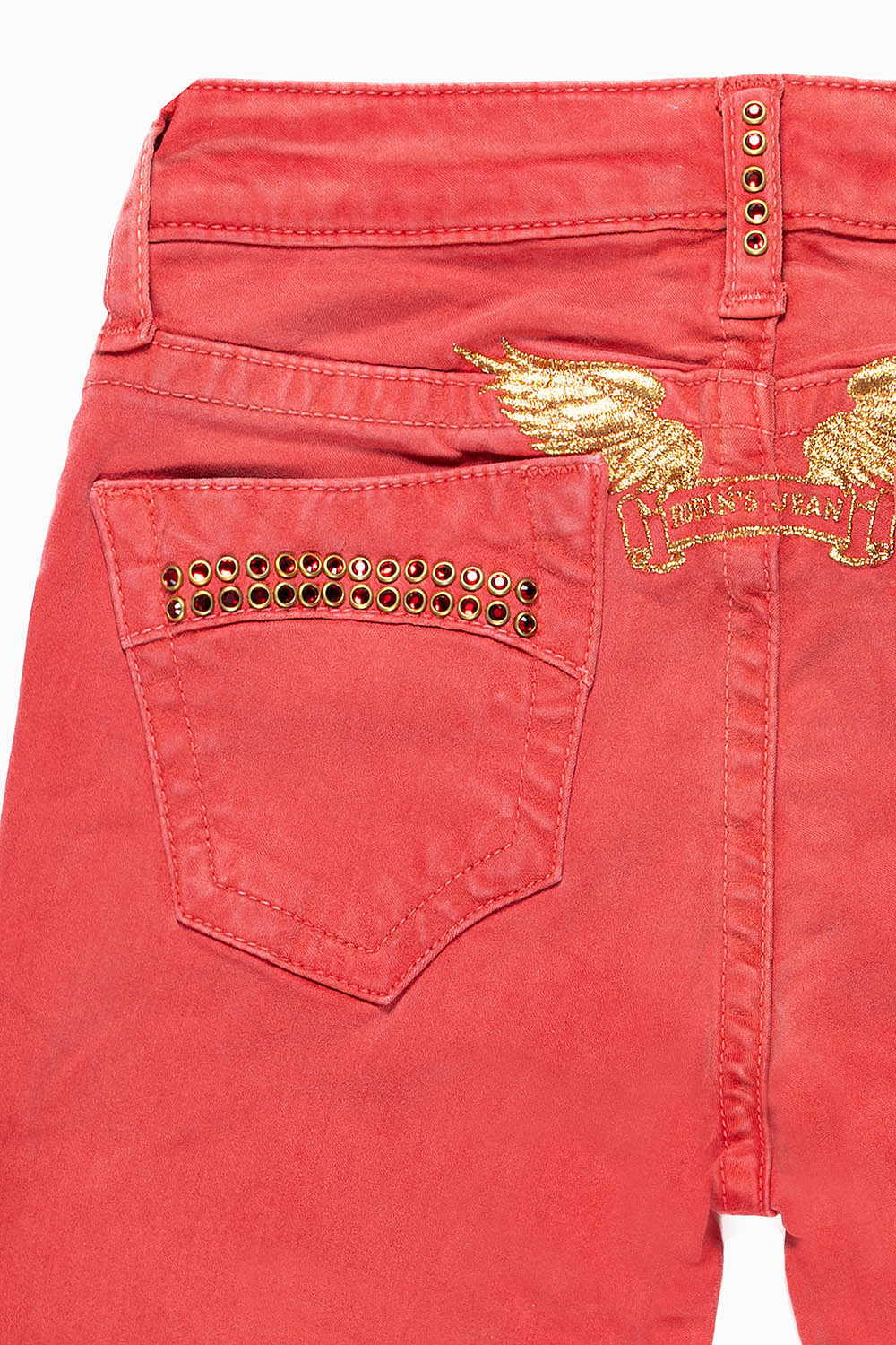 ROBINS KIDS CLASSIC 5 POCKET SLIM-STRAIGHT LEG JEANS IN SULFER RED WASH EMBELLISHED WITH CRYSTALS