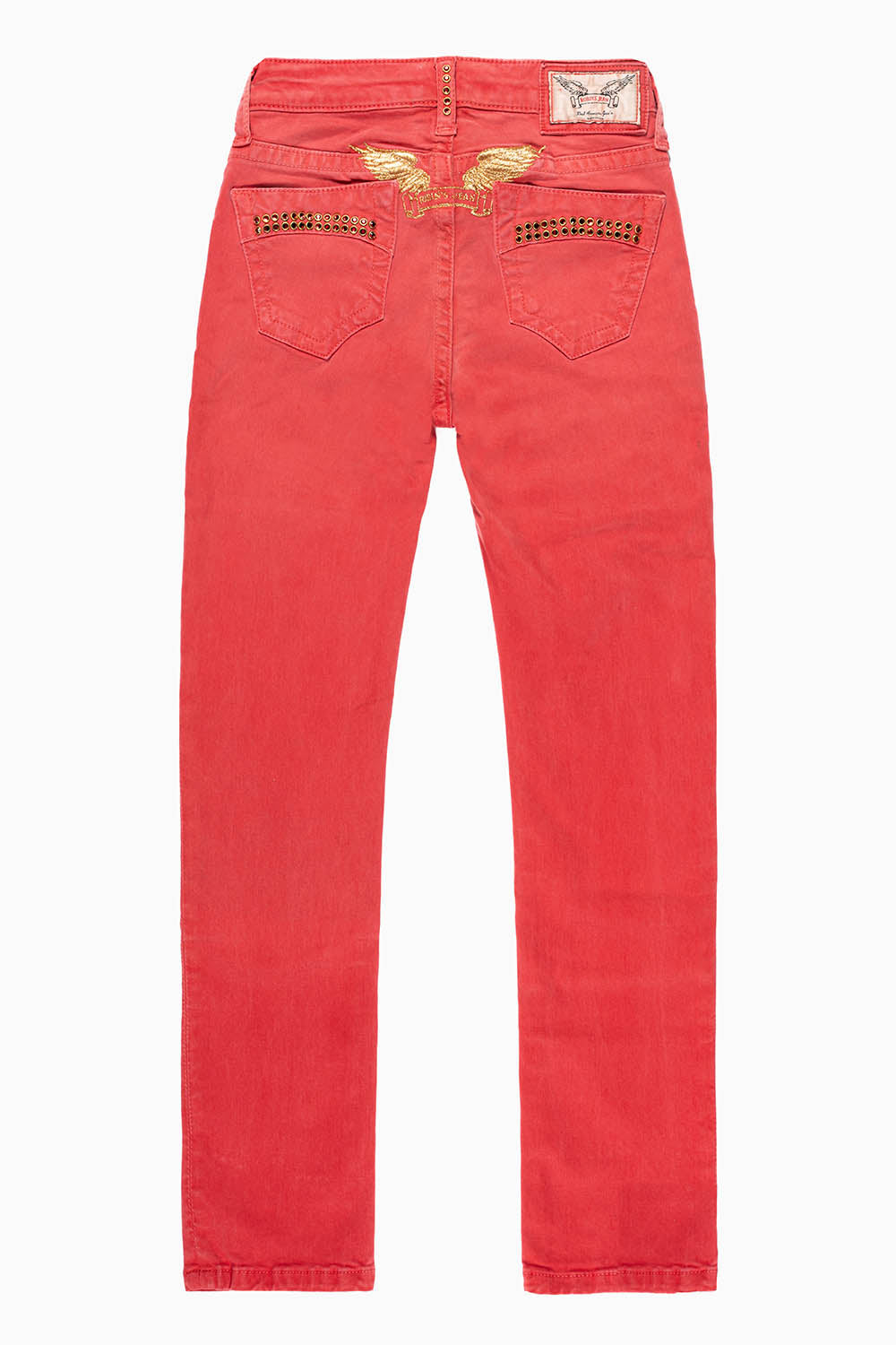 ROBINS KIDS CLASSIC 5 POCKET SLIM-STRAIGHT LEG JEANS IN SULFER RED WASH EMBELLISHED WITH CRYSTALS