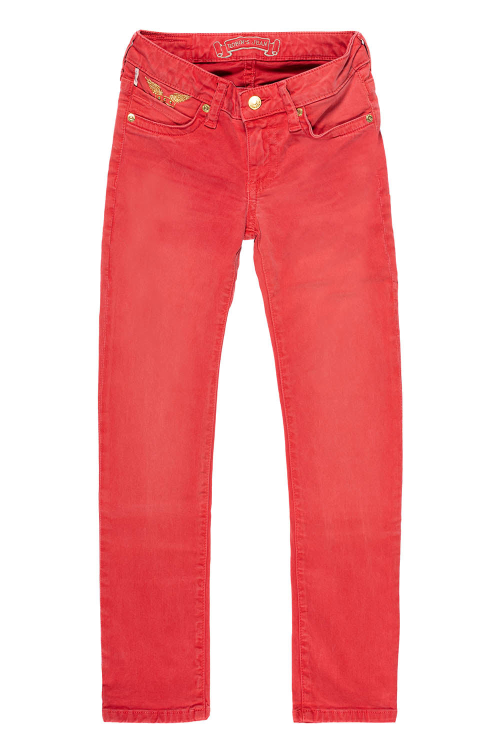 ROBINS KIDS CLASSIC 5 POCKET SLIM-STRAIGHT LEG JEANS IN SULFER RED WASH EMBELLISHED WITH CRYSTALS
