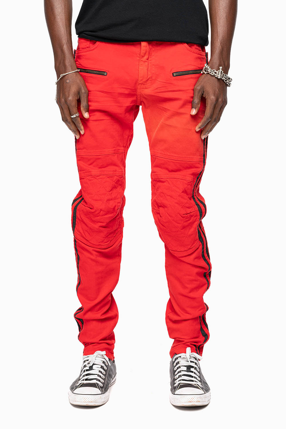 MENS BIKER JEANS IN RED SP FABRIC WITH BLK STRIPES