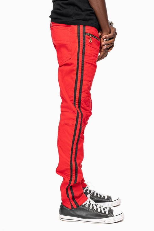 MENS BIKER JEANS IN RED SP FABRIC WITH BLK STRIPES