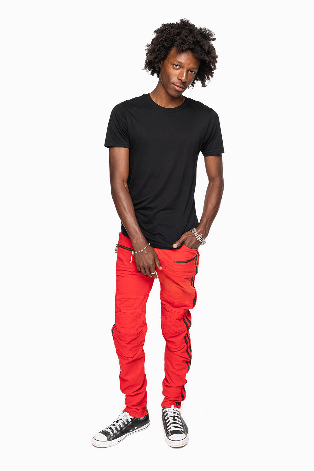 MENS BIKER JEANS IN RED SP FABRIC WITH BLK STRIPES