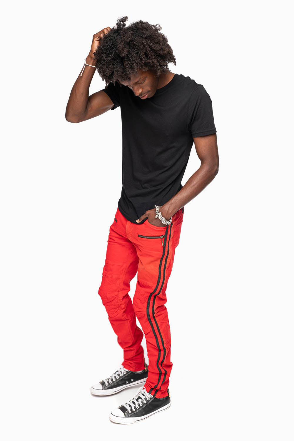 MENS BIKER JEANS IN RED SP FABRIC WITH BLK STRIPES