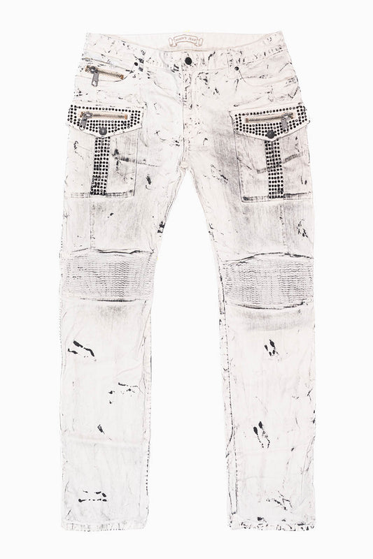 MILITARY/BIKER LONG FLAP SKINNY JEANS  EMBELLISHED WITH BLACK CRYSTALS  IN SPACE DYE WHITE WASH