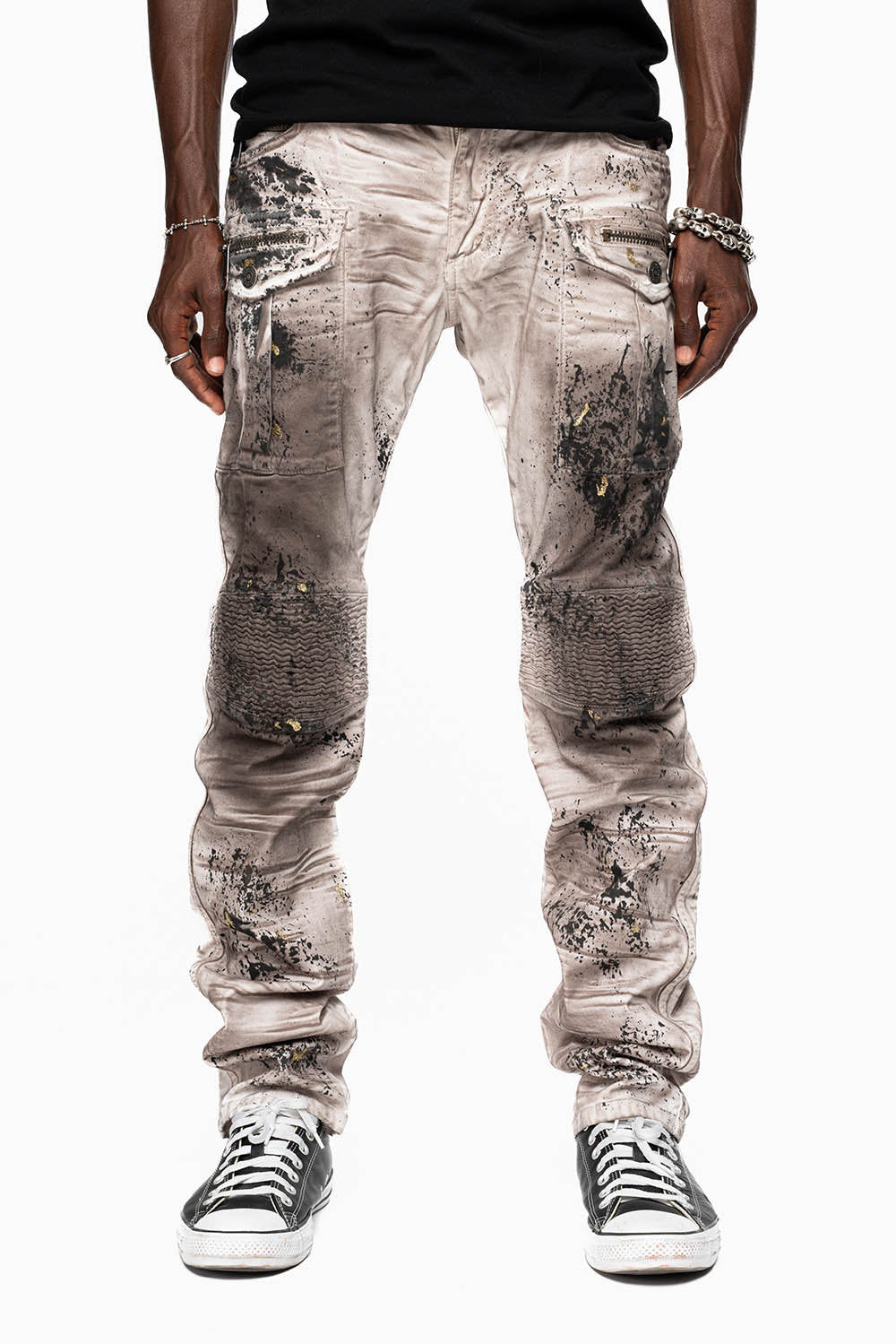MILITARY/BIKER LONG FLAP SKINNY JEANS  EMBELLISHED WITH BLACK CRYSTALS  IN JOEL BLACK