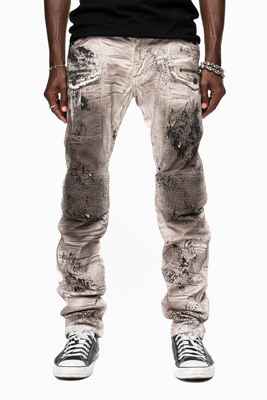 MILITARY/BIKER LONG FLAP SKINNY JEANS  EMBELLISHED WITH BLACK CRYSTALS  IN JOEL BLACK