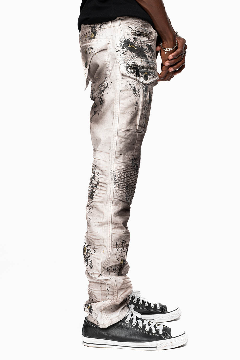 MILITARY/BIKER LONG FLAP SKINNY JEANS  EMBELLISHED WITH BLACK CRYSTALS  IN JOEL BLACK