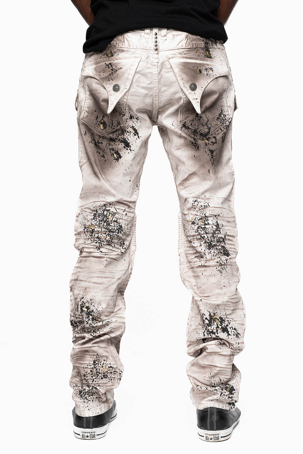 MILITARY/BIKER LONG FLAP SKINNY JEANS  EMBELLISHED WITH BLACK CRYSTALS  IN JOEL BLACK