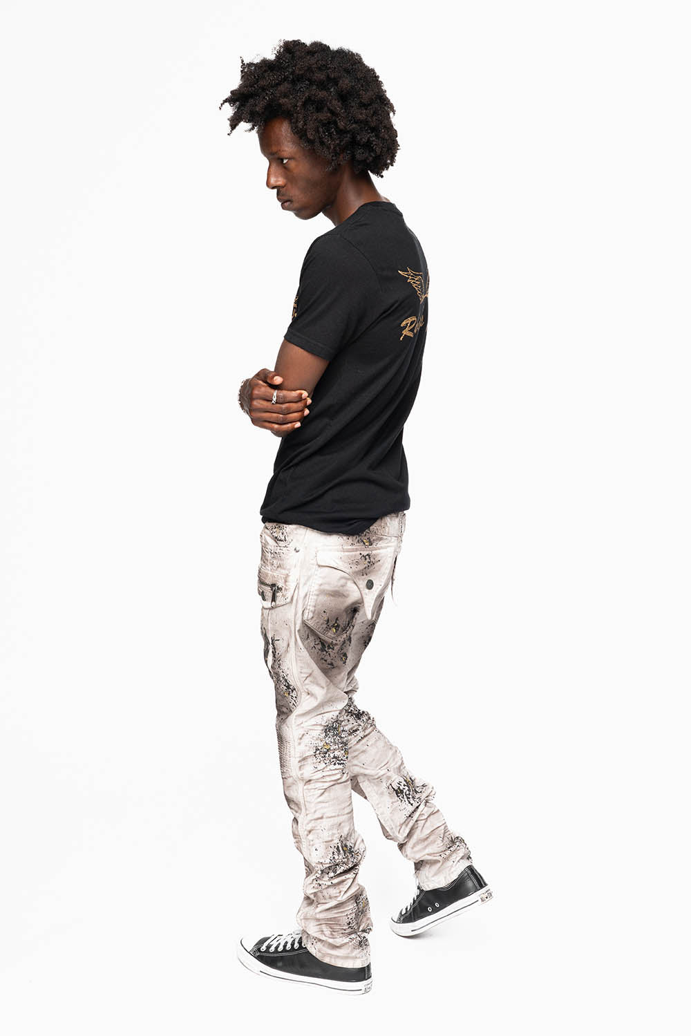 MILITARY/BIKER LONG FLAP SKINNY JEANS  EMBELLISHED WITH BLACK CRYSTALS  IN JOEL BLACK