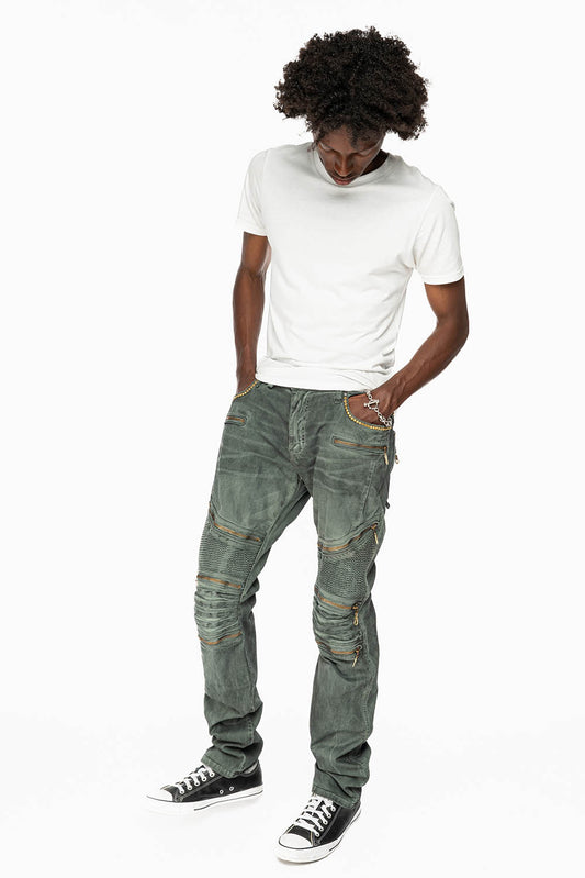MEN'S BIKER SLIM JEANS IN DUSTY GREEN WASH WITH EMBELISHMENT