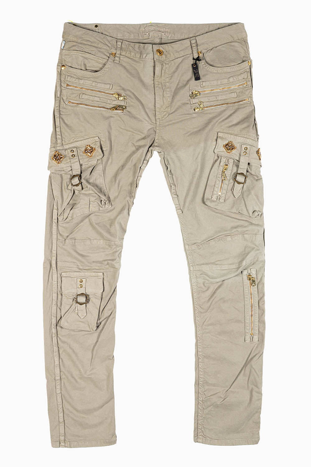 RAPTOR MILITARY STYLE CARGO JEAN IN KHAKI WITH GOLD BROOCH EMBELISHMENT