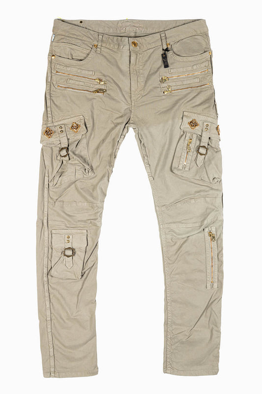 RAPTOR MILITARY STYLE CARGO JEAN IN KHAKI WITH GOLD BROOCH EMBELISHMENT