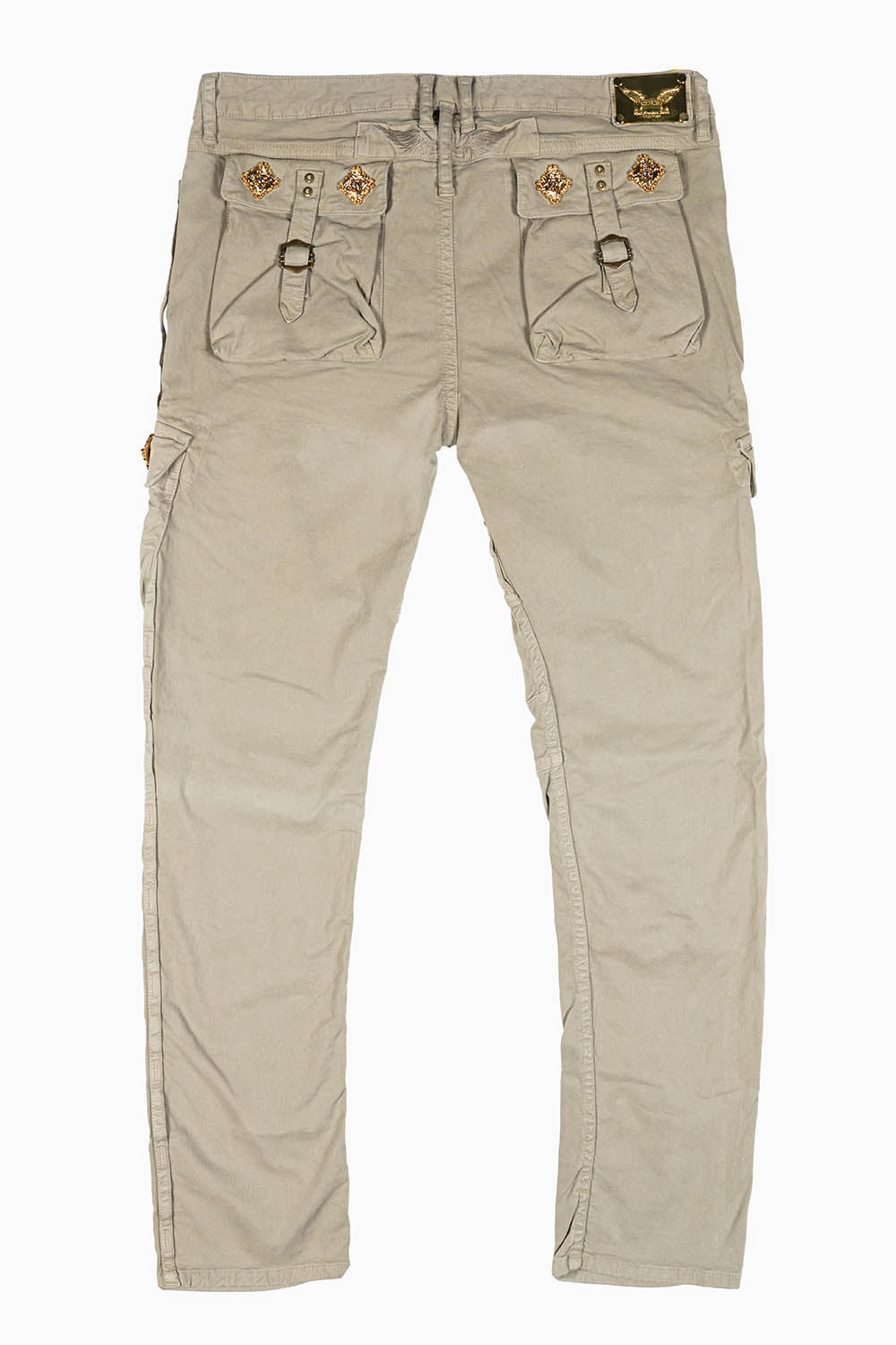 RAPTOR MILITARY STYLE CARGO JEAN IN KHAKI WITH GOLD BROOCH EMBELISHMENT