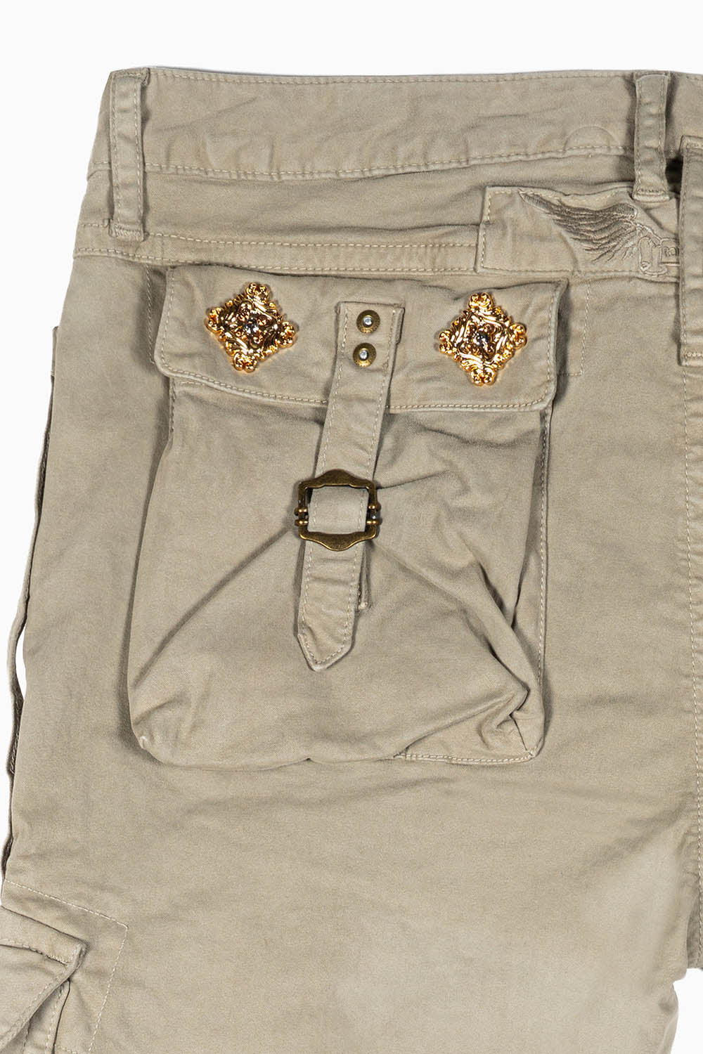 RAPTOR MILITARY STYLE CARGO JEAN IN KHAKI WITH GOLD BROOCH EMBELISHMENT