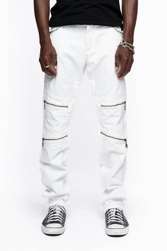 MENS BIKER JEANS WITH FLAP IN PURE WHITE EMBELLISHED WITH CRYSTALS