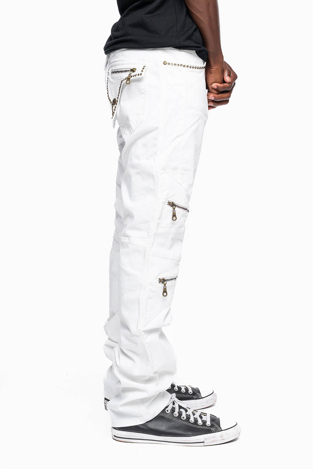 MENS BIKER JEANS WITH FLAP IN PURE WHITE EMBELLISHED WITH CRYSTALS