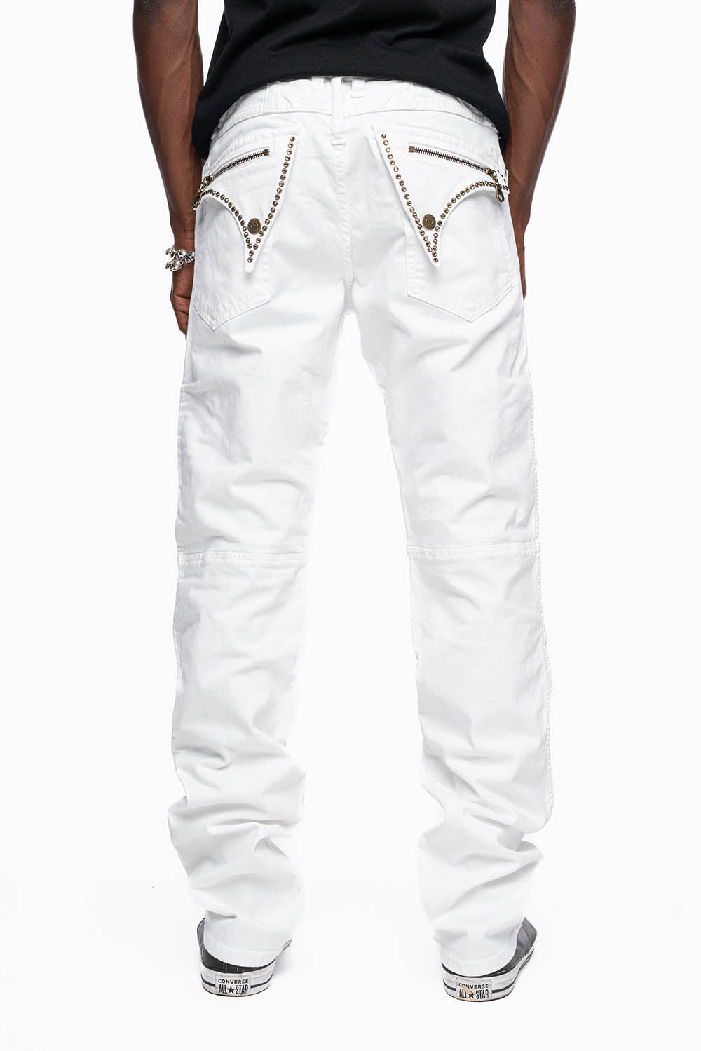 MENS BIKER JEANS WITH FLAP IN PURE WHITE EMBELLISHED WITH CRYSTALS