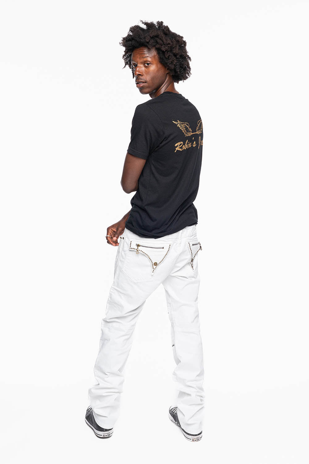 MENS BIKER JEANS WITH FLAP IN PURE WHITE EMBELLISHED WITH CRYSTALS