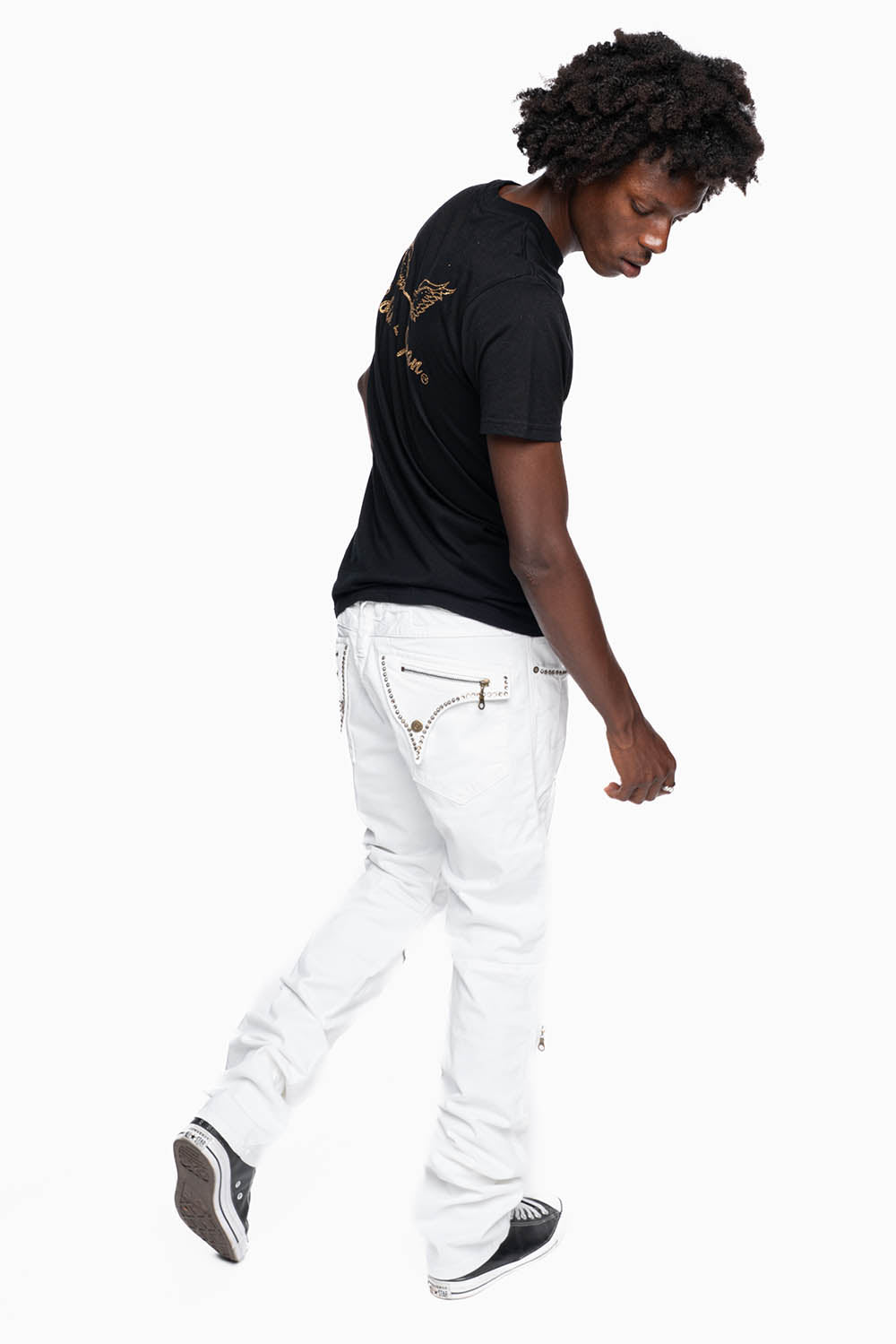 MENS BIKER JEANS WITH FLAP IN PURE WHITE EMBELLISHED WITH CRYSTALS