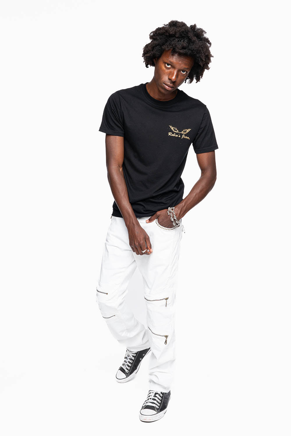 MENS BIKER JEANS WITH FLAP IN PURE WHITE EMBELLISHED WITH CRYSTALS