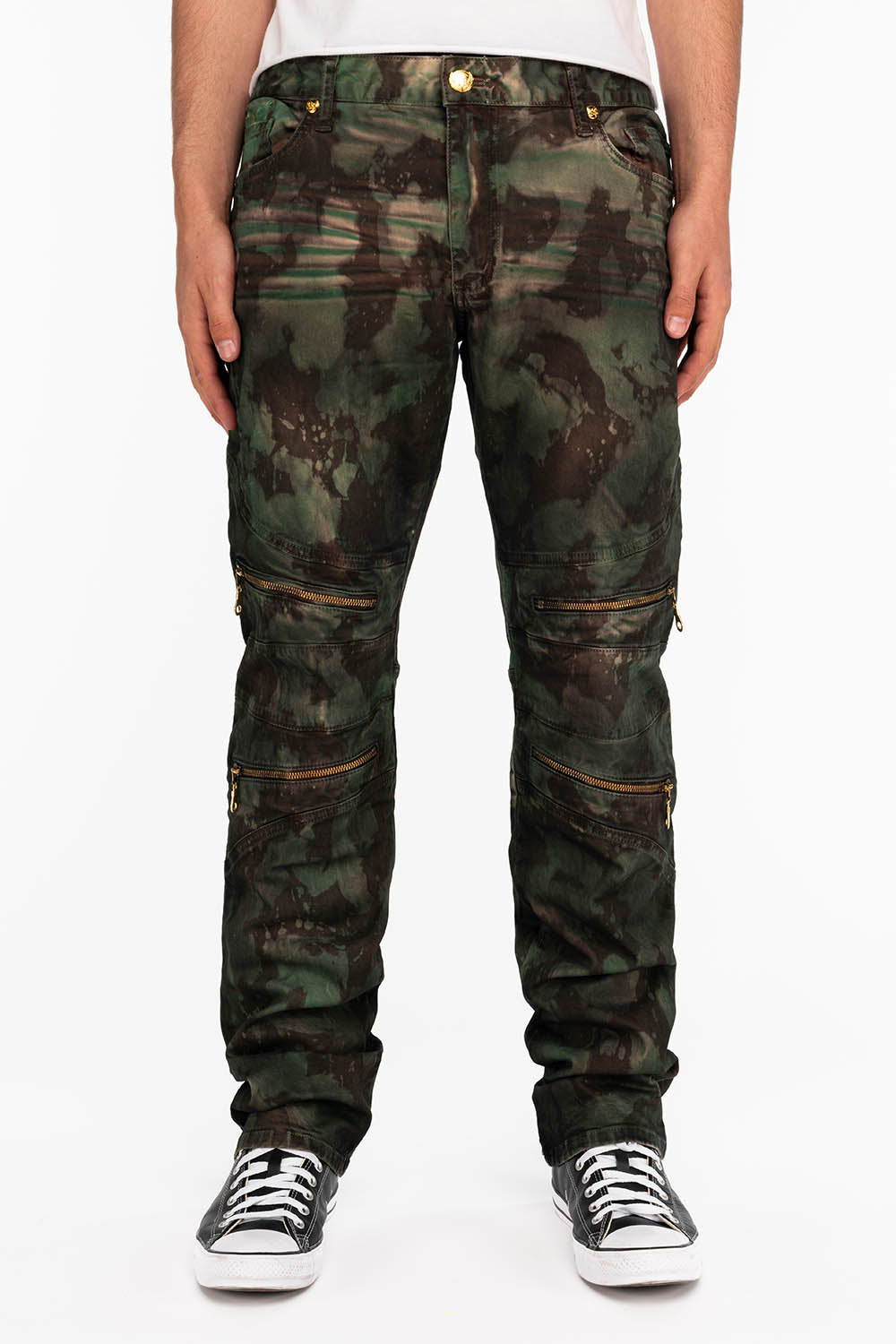 MENS BIKER JEANS IN TIE DYE CAMO GREEN