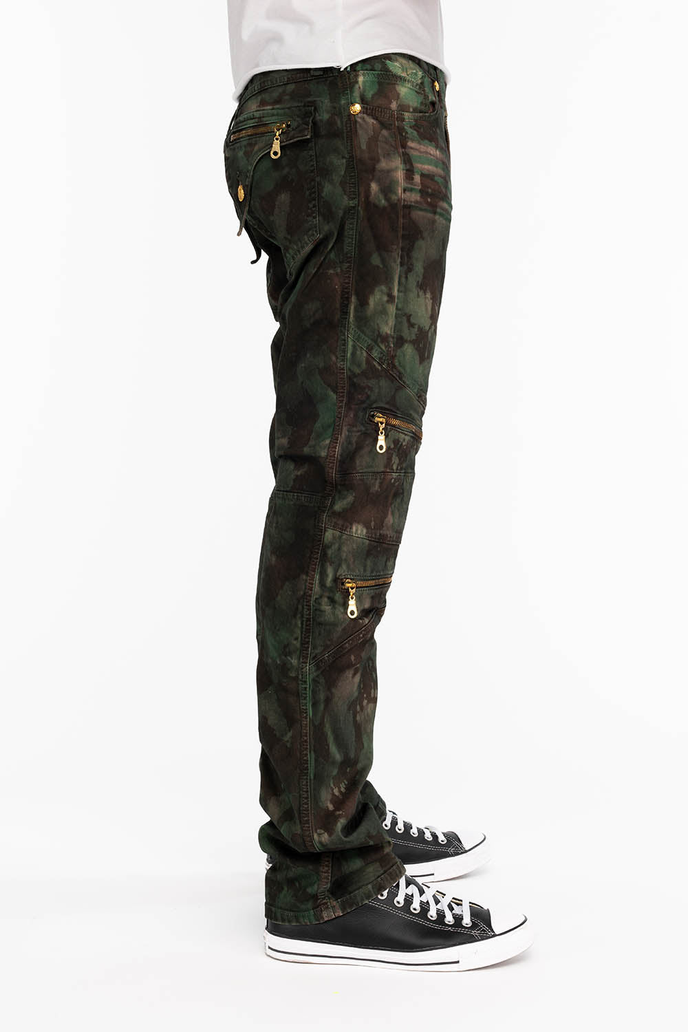 MENS BIKER JEANS IN TIE DYE CAMO GREEN