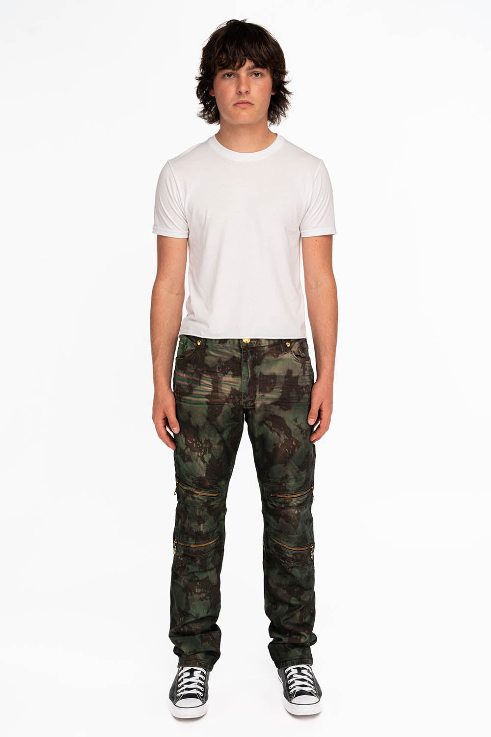 MENS BIKER JEANS IN TIE DYE CAMO GREEN