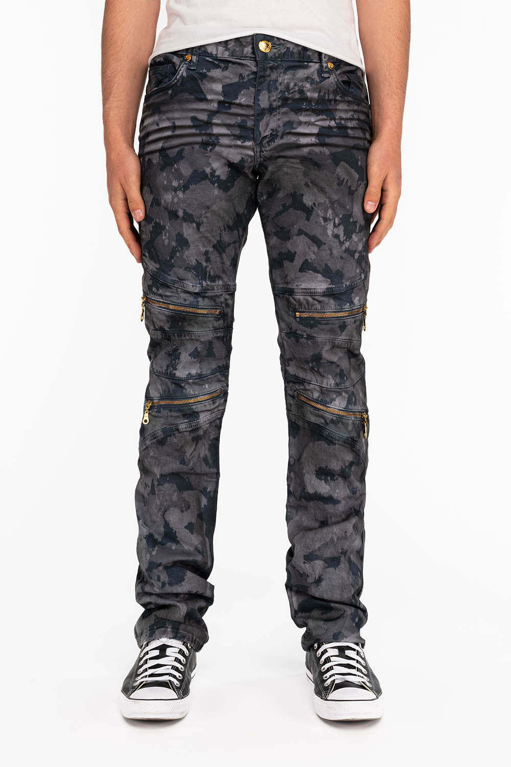 MENS BIKER JEANS IN TIE DYE CAMO GRAY