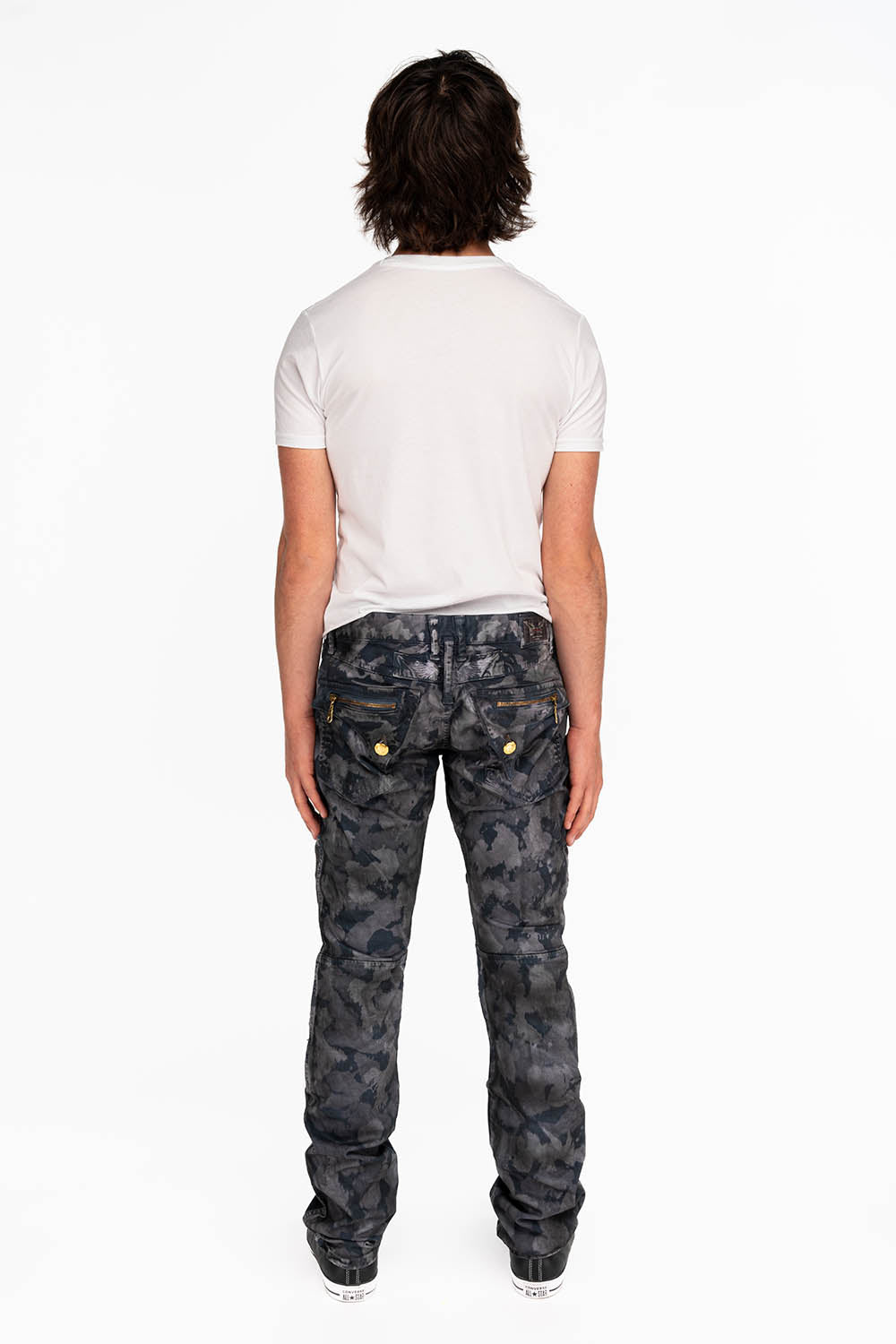 MENS BIKER JEANS IN TIE DYE CAMO GRAY