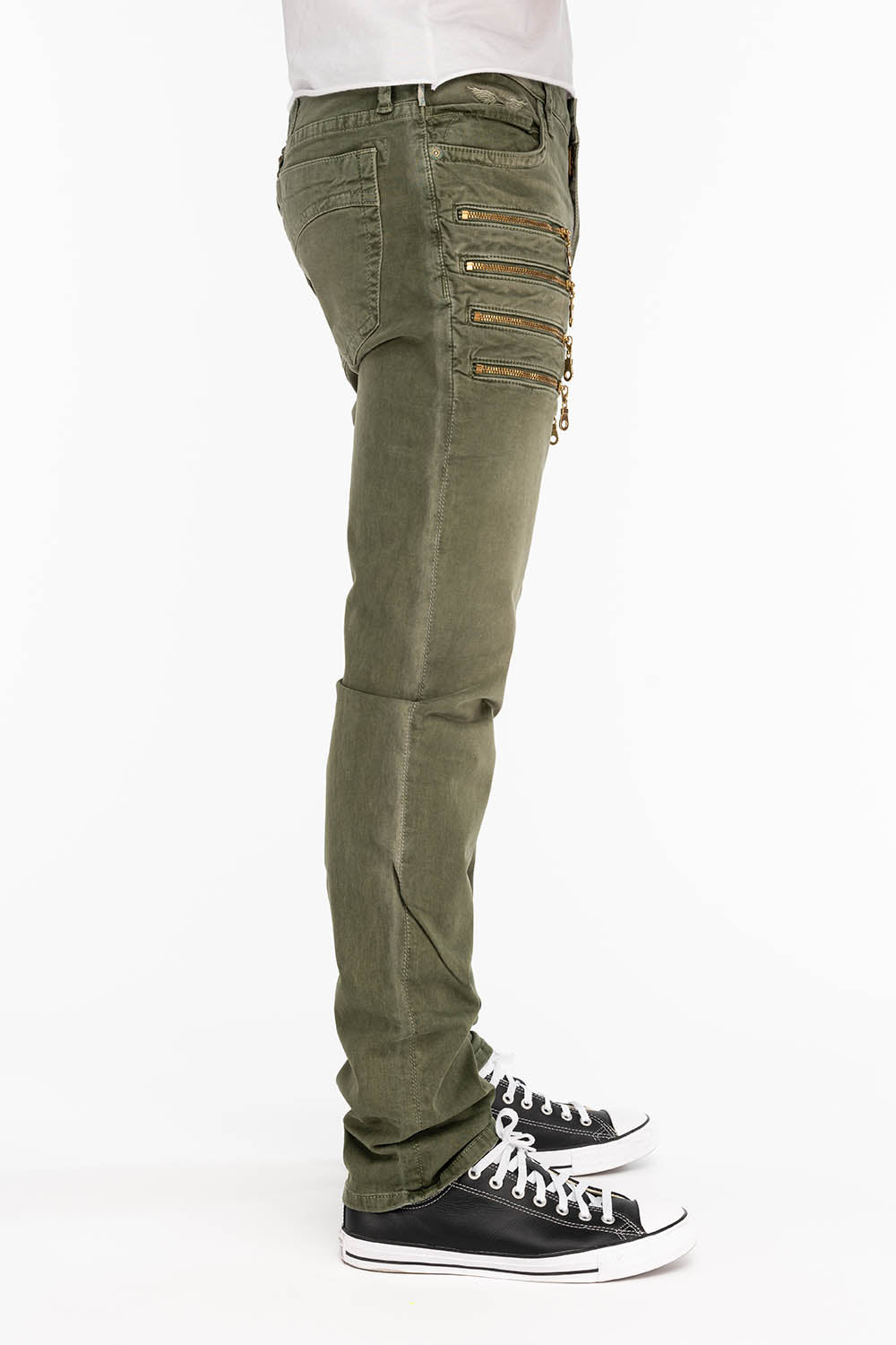 MENS MOTORCYCLE ZIPPERS SLIM JEANS IN PIGMENT SPRAY GREEN ARMY