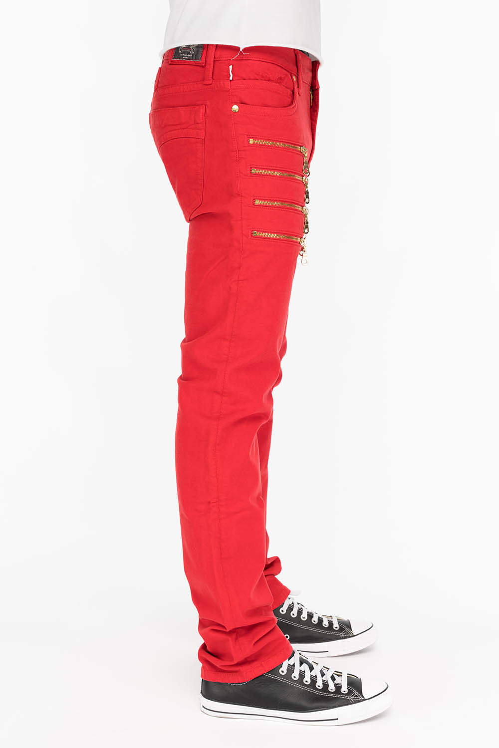 MENS MOTORCYCLE ZIPPER SLIM JEANS IN RED