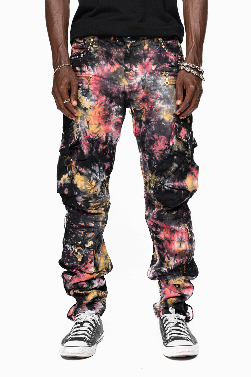 MILITARY STYLE CARGO PANTS IN MULTI UNIVERSE TIE DYE EMBELLISHED WITH CRYSTALS