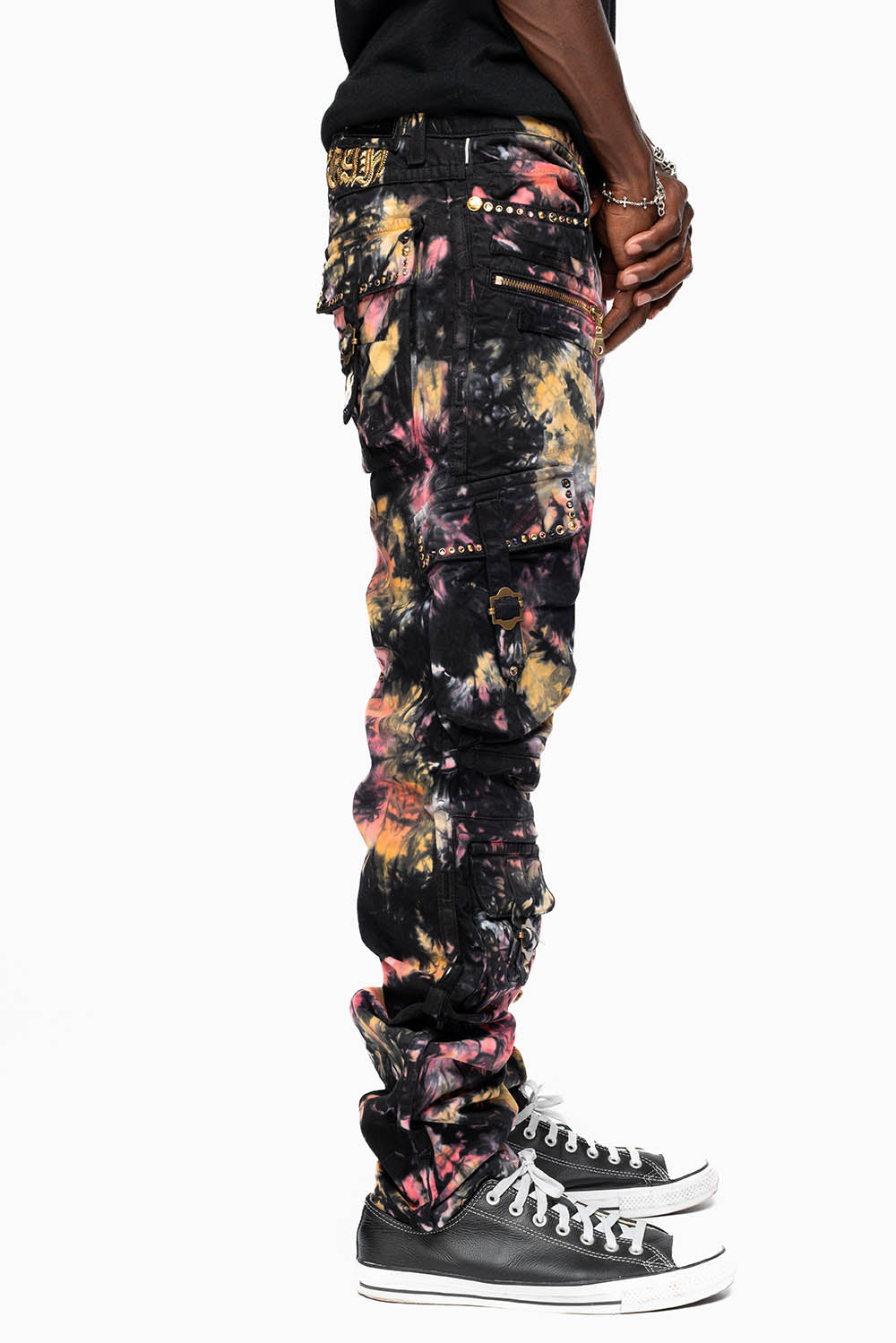 MILITARY STYLE CARGO PANTS IN MULTI UNIVERSE TIE DYE EMBELLISHED WITH CRYSTALS