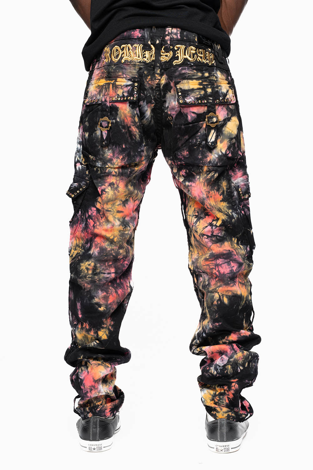 MILITARY STYLE CARGO PANTS IN MULTI UNIVERSE TIE DYE EMBELLISHED WITH CRYSTALS
