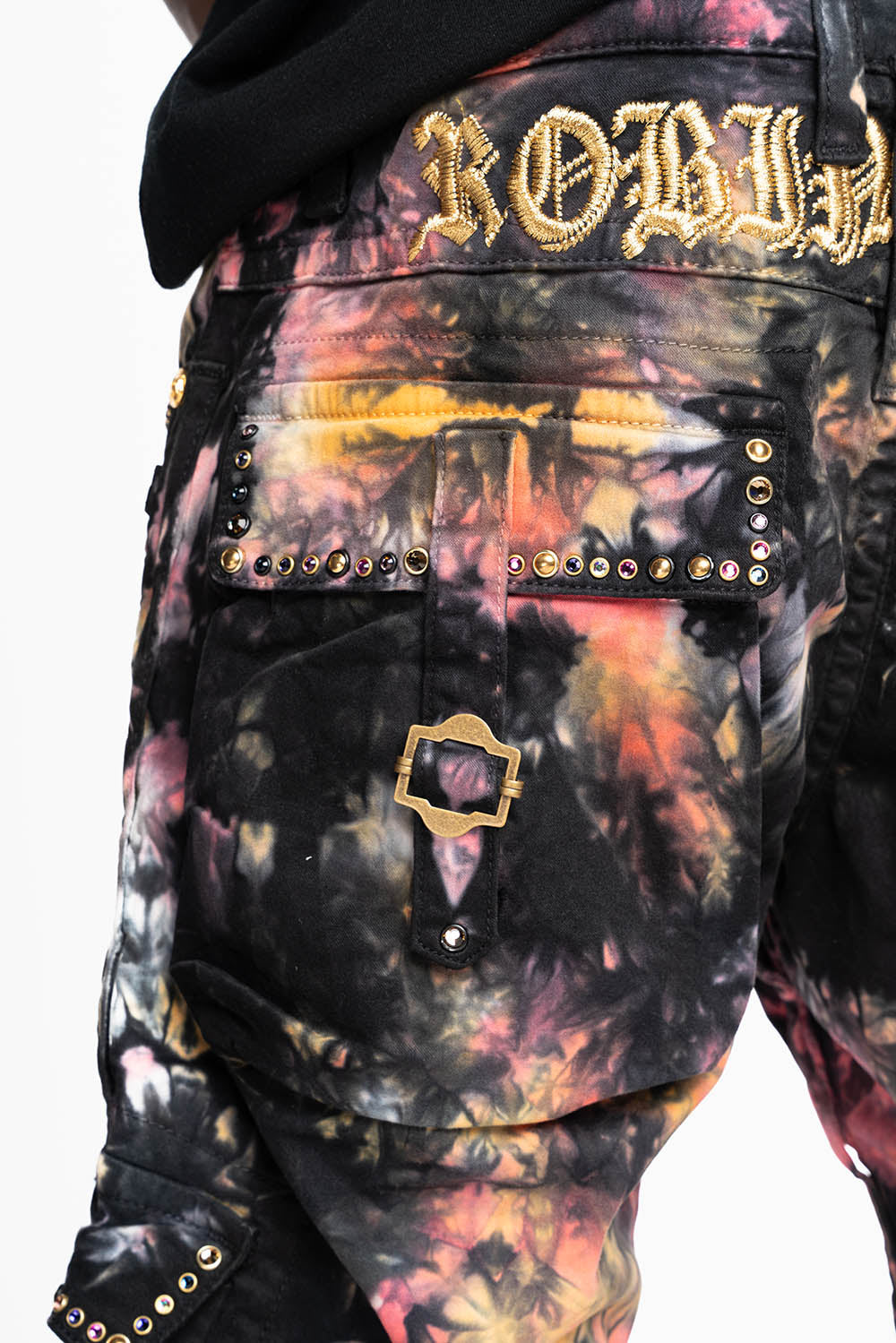 MILITARY STYLE CARGO PANTS IN MULTI UNIVERSE TIE DYE EMBELLISHED WITH CRYSTALS