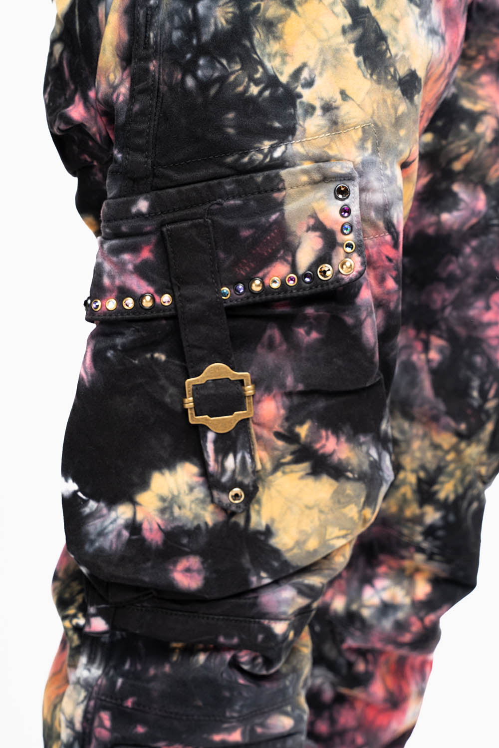 MILITARY STYLE CARGO PANTS IN MULTI UNIVERSE TIE DYE EMBELLISHED WITH CRYSTALS