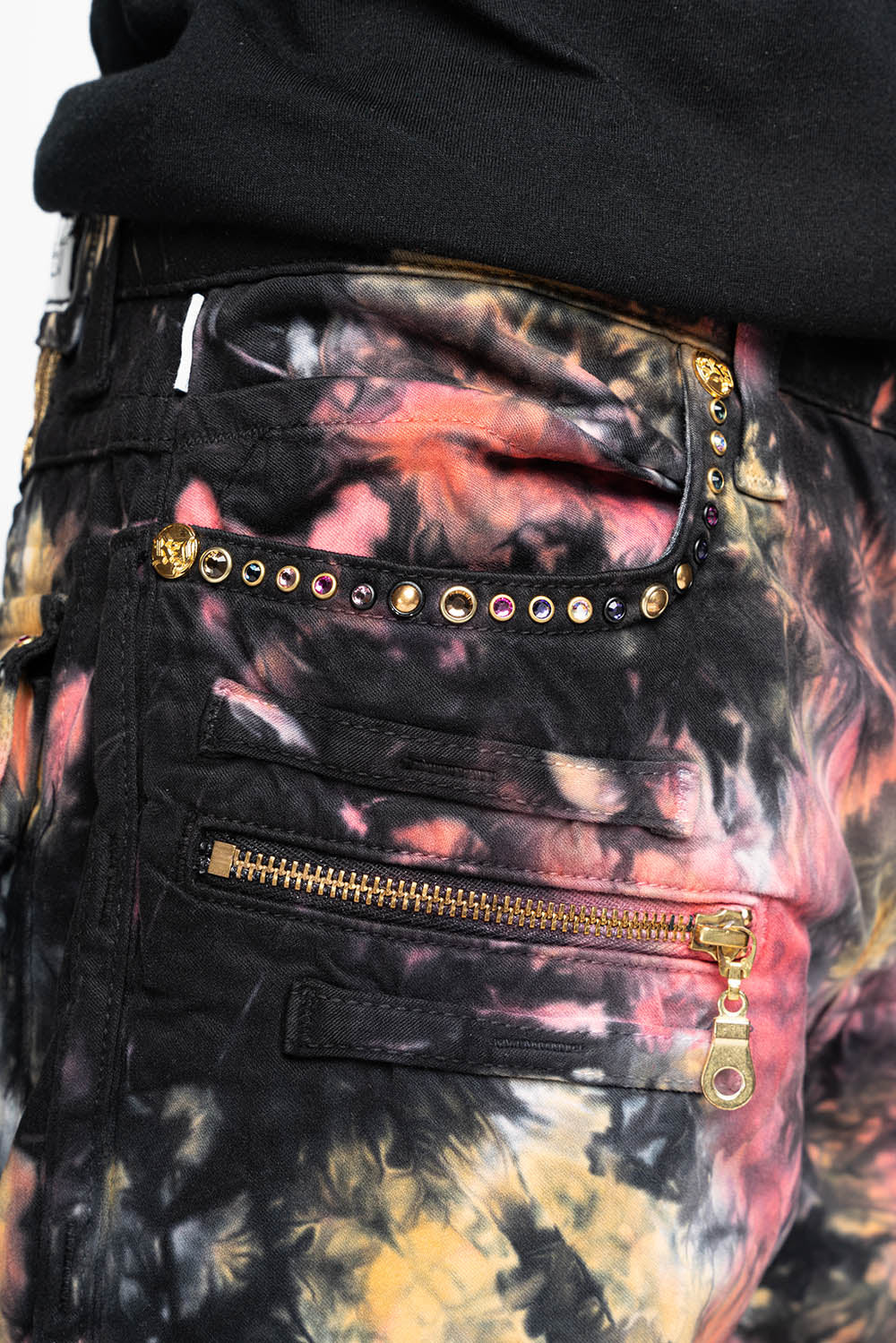 MILITARY STYLE CARGO PANTS IN MULTI UNIVERSE TIE DYE EMBELLISHED WITH CRYSTALS
