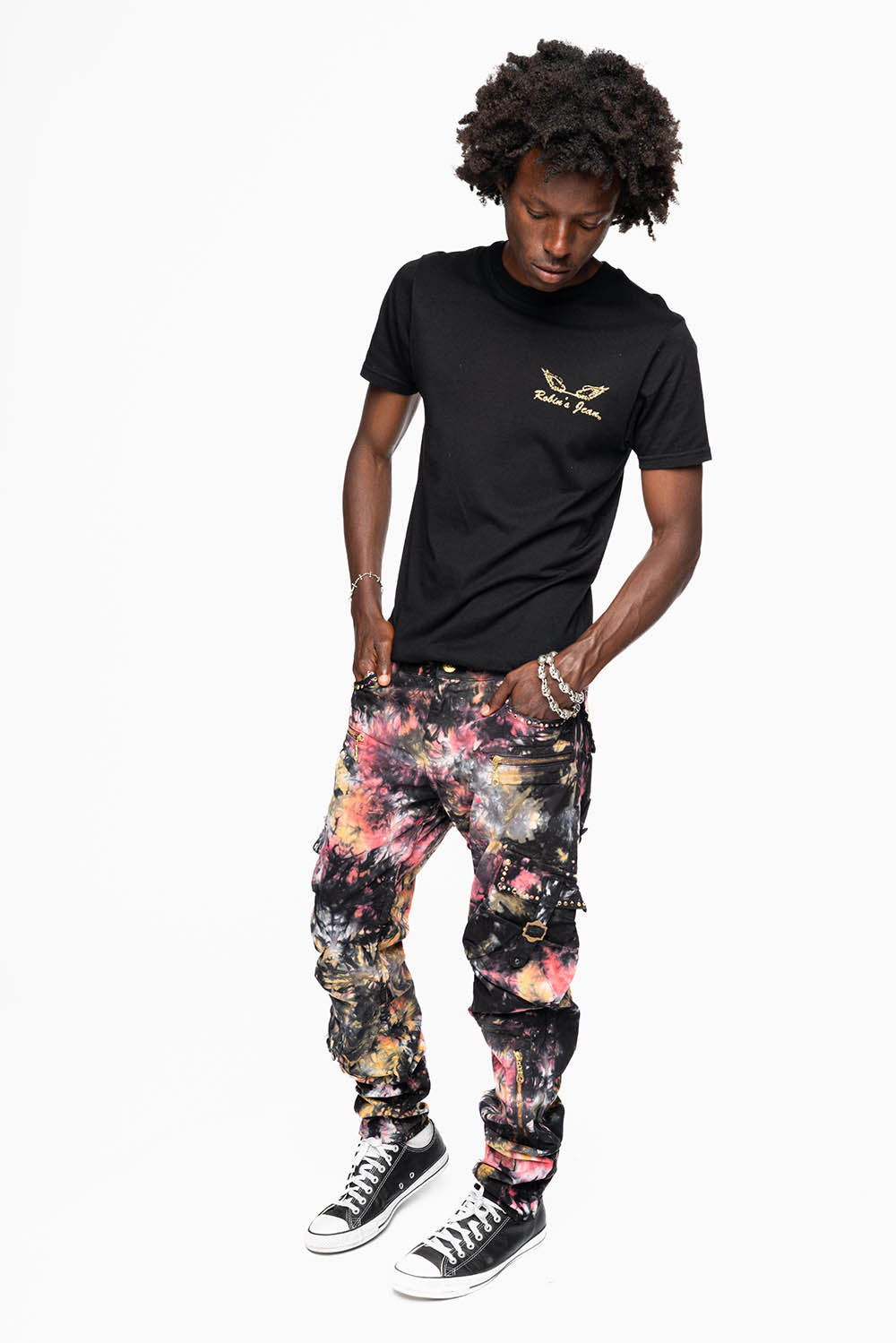 MILITARY STYLE CARGO PANTS IN MULTI UNIVERSE TIE DYE EMBELLISHED WITH CRYSTALS