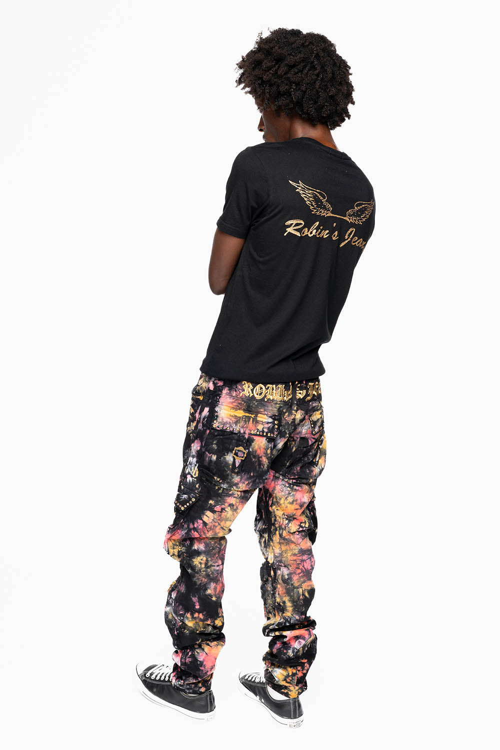 MILITARY STYLE CARGO PANTS IN MULTI UNIVERSE TIE DYE EMBELLISHED WITH CRYSTALS