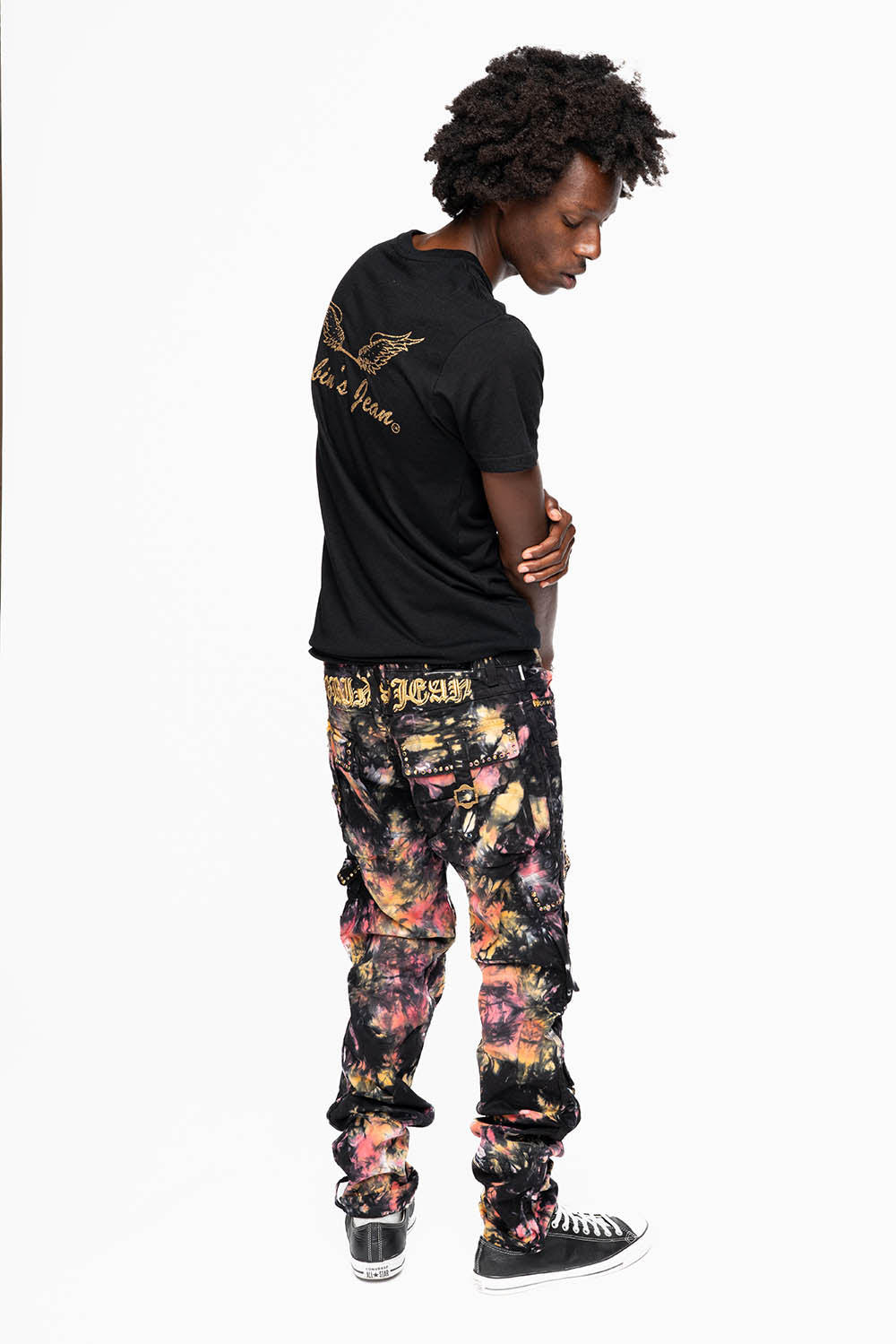 MILITARY STYLE CARGO PANTS IN MULTI UNIVERSE TIE DYE EMBELLISHED WITH CRYSTALS